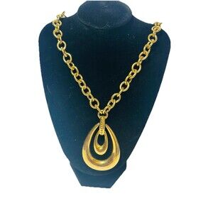 Vintage MONET Gold Tone Statement Necklace Large Teardrop Pendant Signed Chunky